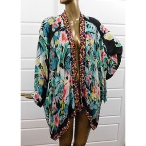 Johnny‎ Was Multi Floral Print Long Sleeve Open Midi Jacket C41918B-4 sz XL